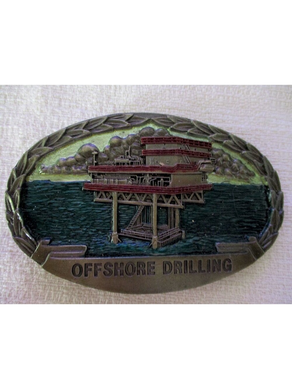 1987 Indiana Metal Craft Offshore Oil Rig Enameled Pewter Belt Buckle #081